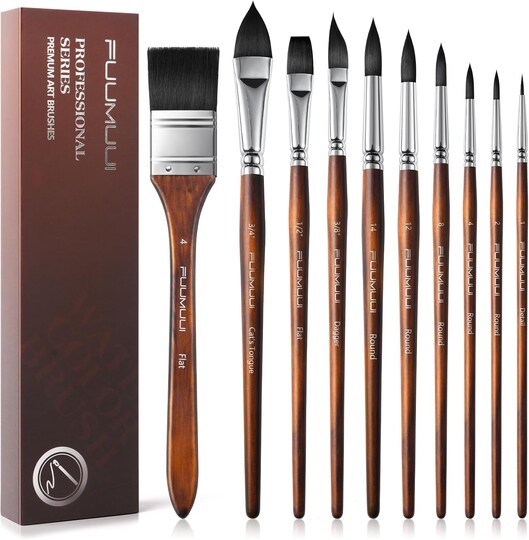 10Pcs Synthetic Squirrel Hair Paint Brush Set for Artists with Wide Flat, Round, Detail, Dagger, Cat's Tongue for Watercolor Gouache Inks Painting